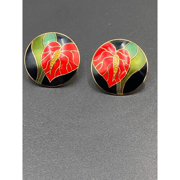 Laurel Burch Vintage Red Green Enamel Anthurium Flower Stud Holiday Earrings - Picture 3 of 8